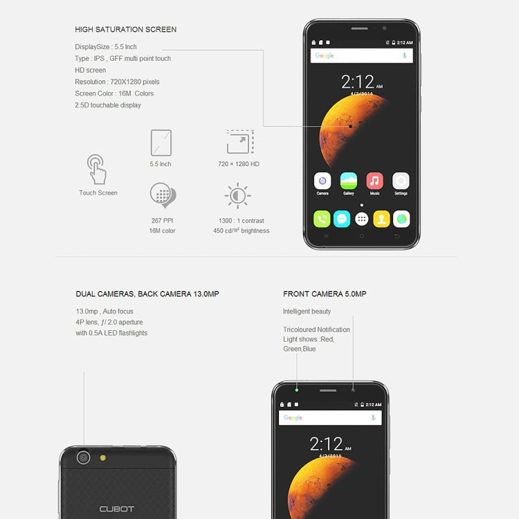 [HK Warehouse] CUBOT Dinosaur 16GB, Network: 4G, Hot Knot Data Transfer Technology, 4150mAh Battery, 5.5 inch Screen Android6.0 MT6735 Quad-Core 1.3GHz, RAM: 3GB(Black)