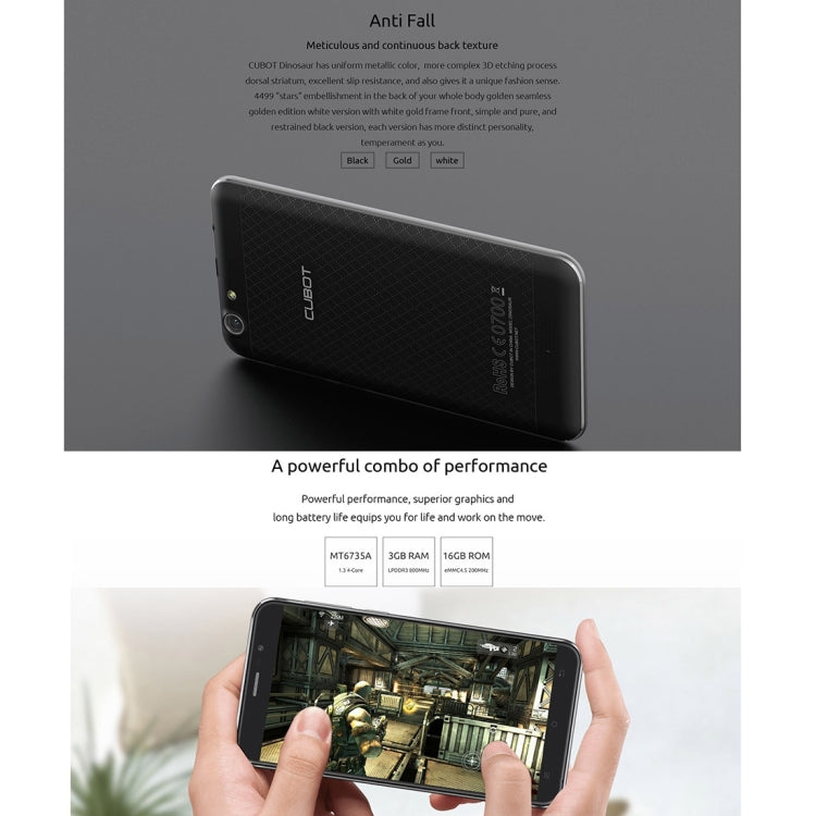 [HK Warehouse] CUBOT Dinosaur 16GB, Network: 4G, Hot Knot Data Transfer Technology, 4150mAh Battery, 5.5 inch Screen Android6.0 MT6735 Quad-Core 1.3GHz, RAM: 3GB(Black)
