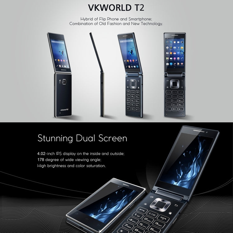 VKworld T2 8GB, 1GB+8GB, Dual-screen Dual-ear Speaker Business Flip Phone, Double Camera Flash, 4.0 inch Double FWVGA + IPS Screen with Physical Keyboard, Android 5.1 MTK6580 Quad Core 1.3GHZ, Network: 3G(Dark Blue)