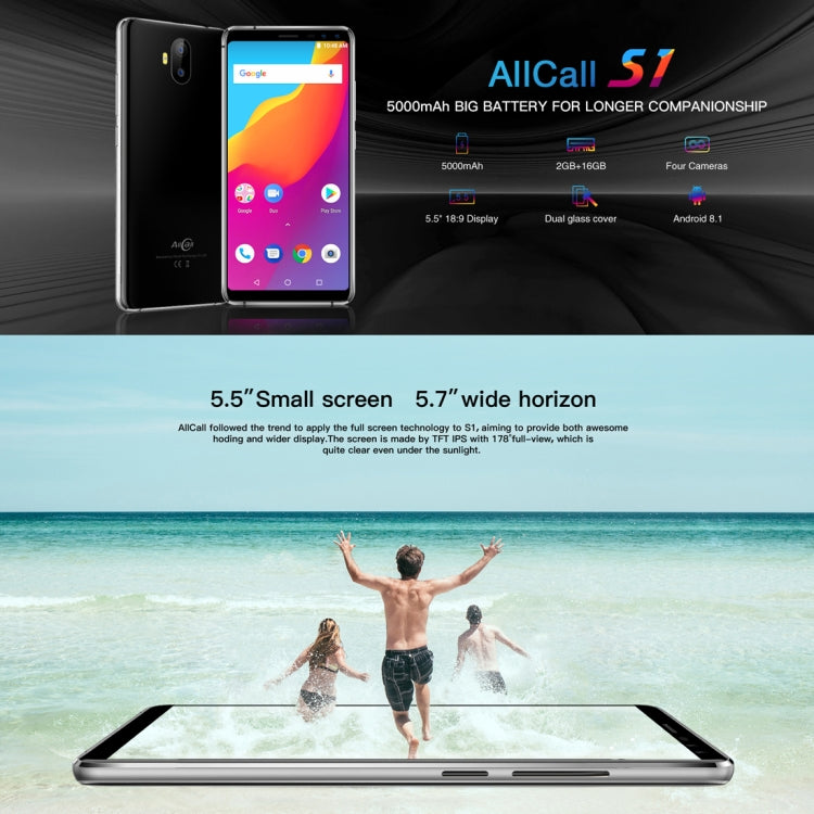 AllCall S1, 2GB+16GB, Dual Back Cameras + Dual Front Cameras, 5000mAh Battery, 5.5 inch Android 8.1 MTK6580A Quad Core, Network: 3G, OTG, Dual SIM