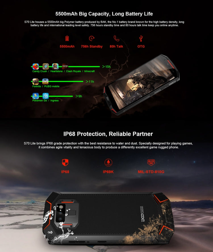 [HK Warehouse] DOOGEE S70 Lite Rugged Phone, 4GB+64GB, IP68 Waterproof Dustproof Shockproof, 5500mAh Battery, Dual Back Cameras, Fingerprint Identification, 5.99 inch Android 8.1 MTK Helio P23 Octa Core up to 2.5GHz, Network: 4G(Red)