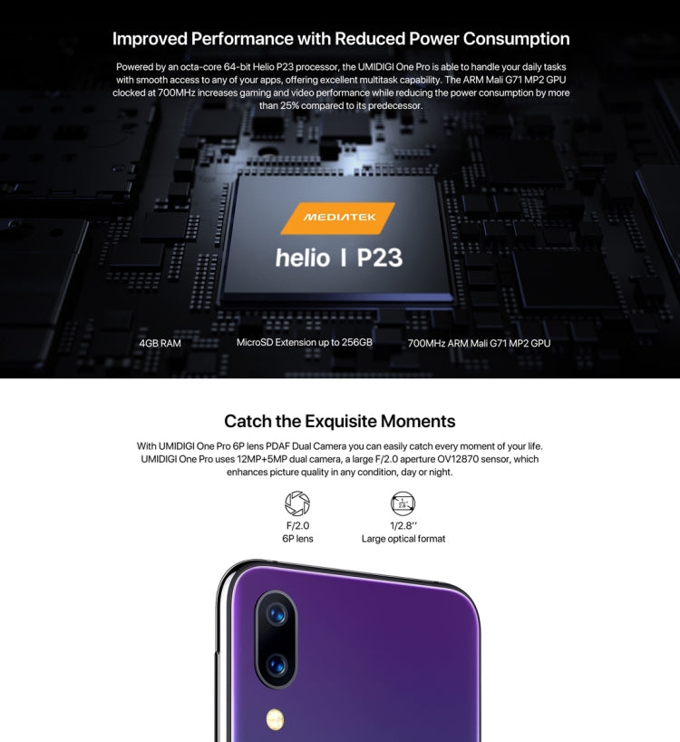 [HK Warehouse] UMIDIGI One Pro, 4GB+64GB, Global Band Dual 4G, Dual Back Cameras, Face ID & Side Fingerprint Identification, 5.9 inch Android 8.1 MTK Helio P23 Octa Core up to 2.0GHz, Network: 4G, VoLTE, NFC, Wireless Charge, Dual SIM