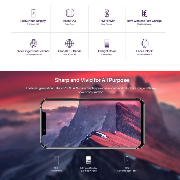 [HK Warehouse] UMIDIGI One Pro, 4GB+64GB, Global Band Dual 4G, Dual Back Cameras, Face ID & Side Fingerprint Identification, 5.9 inch Android 8.1 MTK Helio P23 Octa Core up to 2.0GHz, Network: 4G, VoLTE, NFC, Wireless Charge, Dual SIM