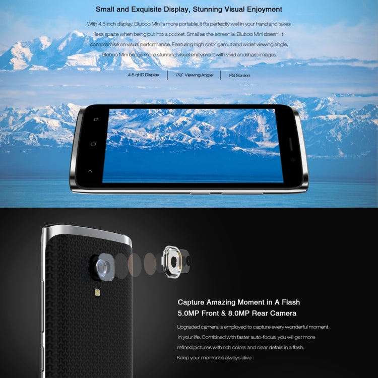[HK Warehouse] BLUBOO Mini, 1GB+8GB, 4.5 inch Android 6.0 MTK6580M Quad Core up to 1.3GHz, Network: 3G