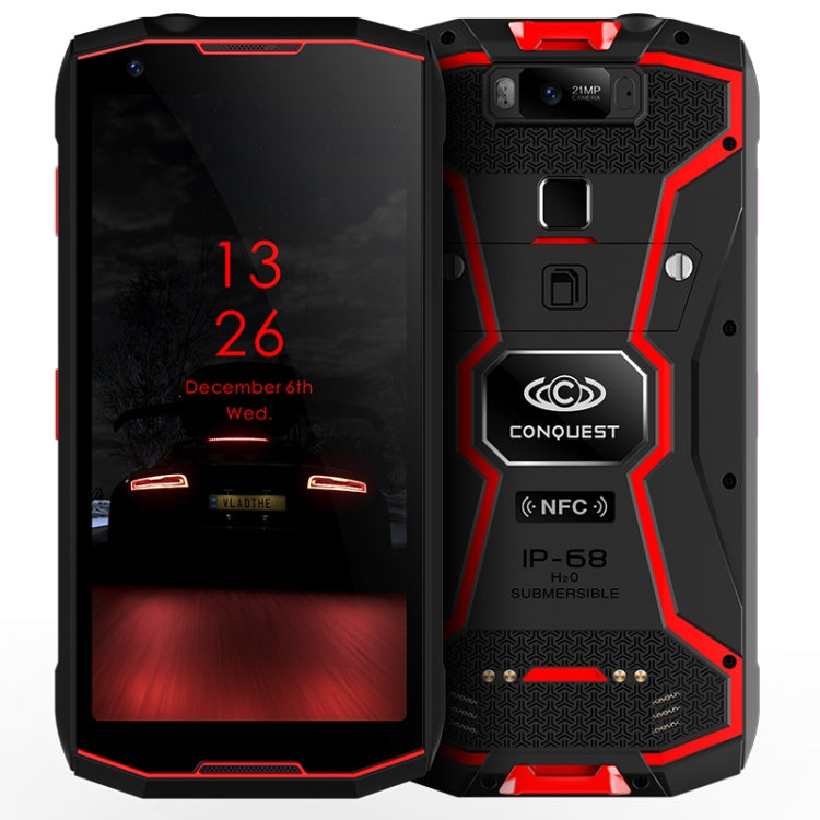 Conquest S12, 6GB+128GB, Not Support Google Play, Walkie Talkie Function, 8000mAh Battery, IP68 Waterproof Dustproof Shockproof, Fingerprint Identification, 5.99 inch Android 8.1 MTK6763 Octa Core up to 2.6GHz, Network: 4G, NFC, OTG, PTT, POC(Red)
