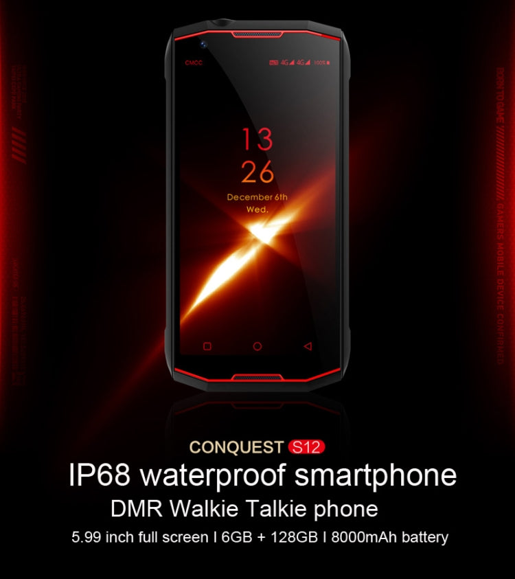 Conquest S12, 6GB+128GB, Not Support Google Play, Walkie Talkie Function, 8000mAh Battery, IP68 Waterproof Dustproof Shockproof, Fingerprint Identification, 5.99 inch Android 8.1 MTK6763 Octa Core up to 2.6GHz, Network: 4G, NFC, OTG, PTT, POC(Red)