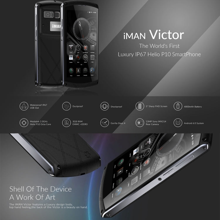 iMAN Victor Waterproof Phone 32GB, Network: 4G, IP67 Waterproof Dustproof Shockproof, Fingerprint Recognition, 4800mAh Big Battery, 5 inch Corning Gorilla Glass 3 Screen Android 6.0 MT6755 Octa Core 2.0GHz, RAM: 3GB(Black)
