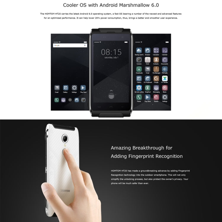 [HK Warehouse] HOMTOM HT20, 2GB+16GB, CE & RoHs Certificated, IP68 Waterproof Dustproof Shockproof, Fingerprint Recognition, Built-in Flashlight, 4.7 inch Corning Gorilla Glass Screen Android 6.0 MT6737 Quad-Core, Network: 4G