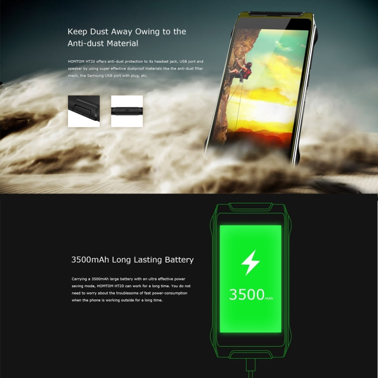 [HK Warehouse] HOMTOM HT20, 2GB+16GB, CE & RoHs Certificated, IP68 Waterproof Dustproof Shockproof, Fingerprint Recognition, Built-in Flashlight, 4.7 inch Corning Gorilla Glass Screen Android 6.0 MT6737 Quad-Core, Network: 4G