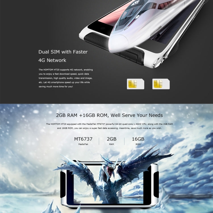[HK Warehouse] HOMTOM HT20, 2GB+16GB, CE & RoHs Certificated, IP68 Waterproof Dustproof Shockproof, Fingerprint Recognition, Built-in Flashlight, 4.7 inch Corning Gorilla Glass Screen Android 6.0 MT6737 Quad-Core, Network: 4G