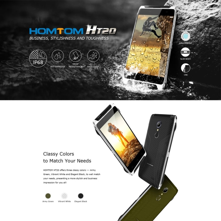 [HK Warehouse] HOMTOM HT20, 2GB+16GB, CE & RoHs Certificated, IP68 Waterproof Dustproof Shockproof, Fingerprint Recognition, Built-in Flashlight, 4.7 inch Corning Gorilla Glass Screen Android 6.0 MT6737 Quad-Core, Network: 4G