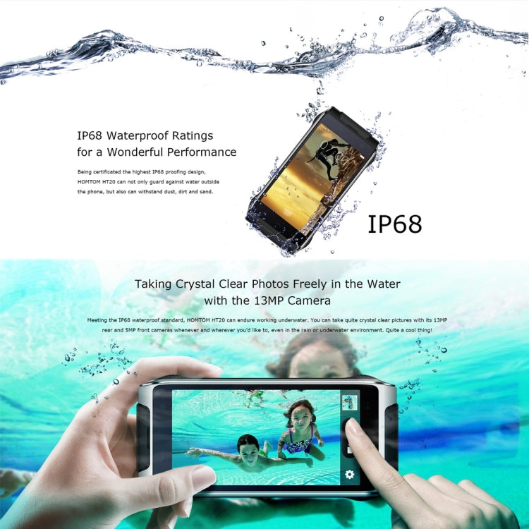 [HK Warehouse] HOMTOM HT20, 2GB+16GB, CE & RoHs Certificated, IP68 Waterproof Dustproof Shockproof, Fingerprint Recognition, Built-in Flashlight, 4.7 inch Corning Gorilla Glass Screen Android 6.0 MT6737 Quad-Core, Network: 4G
