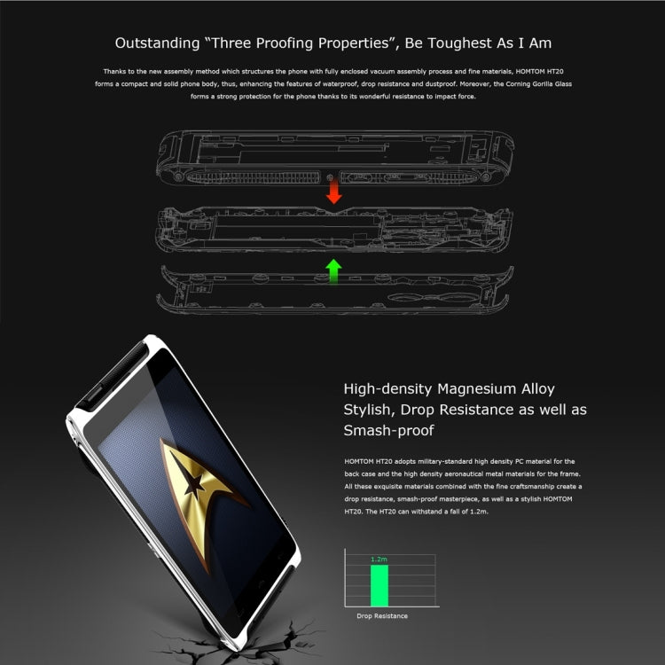 [HK Warehouse] HOMTOM HT20, 2GB+16GB, CE & RoHs Certificated, IP68 Waterproof Dustproof Shockproof, Fingerprint Recognition, Built-in Flashlight, 4.7 inch Corning Gorilla Glass Screen Android 6.0 MT6737 Quad-Core, Network: 4G