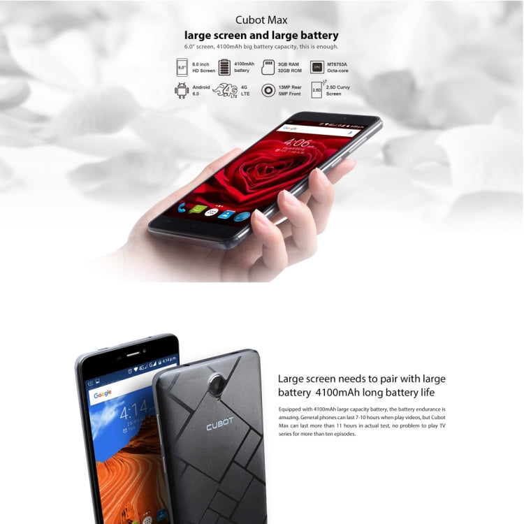 [HK Warehouse] CUBOT Max 32GB, Network: 4G, 4100mAh Big Battery, Support 2.4GHz / 5GHz Dual Band WiFi, 6.0 inch Big IPS Screen Display, Android 6.0 OS, MT6753A Octa Core, RAM: 3GB(White)