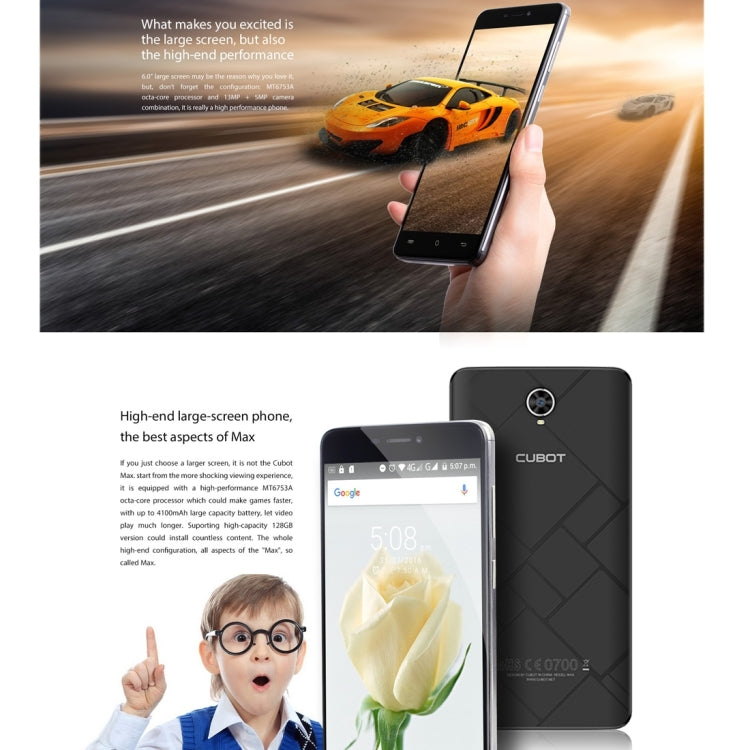 [HK Warehouse] CUBOT Max 32GB, Network: 4G, 4100mAh Big Battery, Support 2.4GHz / 5GHz Dual Band WiFi, 6.0 inch Big IPS Screen Display, Android 6.0 OS, MT6753A Octa Core, RAM: 3GB(White)