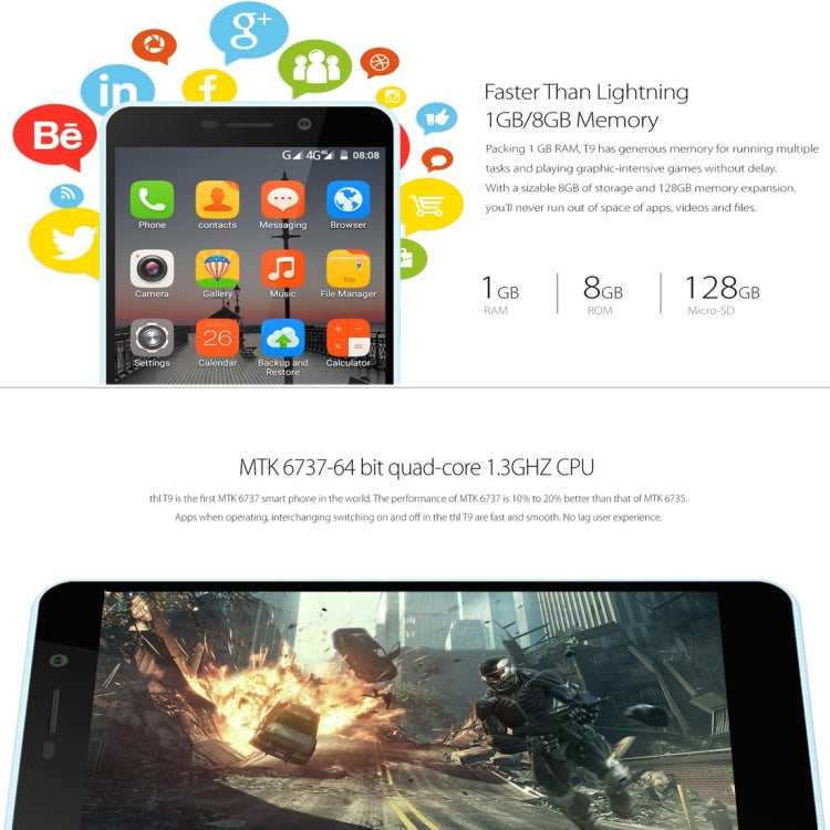 THL T9 8GB, Network: 4G, 360 Degrees Fingerprint Identification, 5.5 inch Android 6.0 MT6737 Quad Core 1.3GHZ, RAM: 1GB