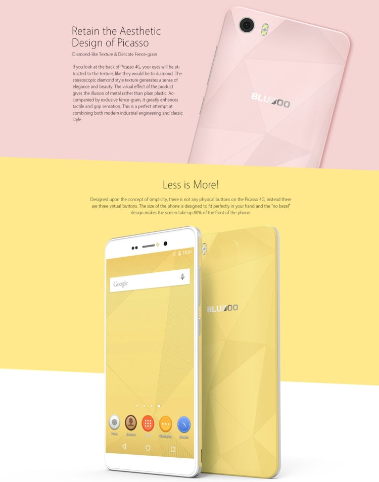 [HK Warehouse] BLUBOO Picasso, 2GB+16GB, 5.0 inch Android 6.0 MTK6735 Quad Core up to 1.3GHz, Network: 4G, Dual SIM(Gold)