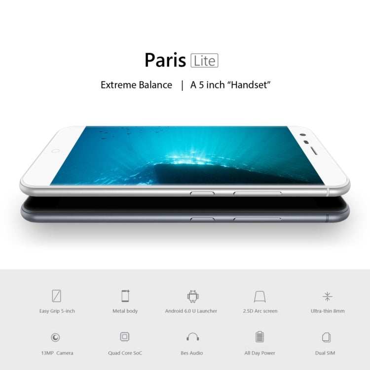 [HK Warehouse] Ulefone Paris Lite, 1GB+16GB, 5.0 inch 2.5D Arc Corning Gorilla Glass 3 Android 6.0 MTK6850A Quad-core up to 1.2GHz, Network: 3G, OTG, Dual SIM