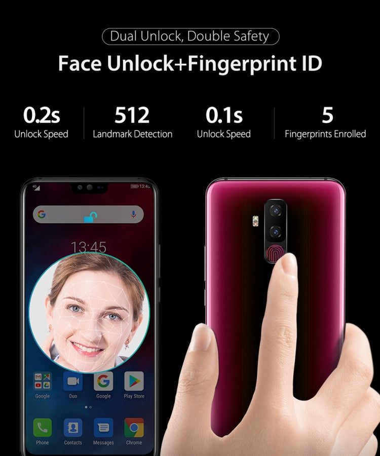 [HK Warehouse] Ulefone T2, Global Dual 4G, 6GB+128GB, Dual Back Cameras, Face ID & Fingerprint Identification, 4200mAh Battery, 6.7 inch Android 9.0 MTK6771T Helio P70 Octa Core 64-bit up to 2.1GHz, Network: 4G, OTG, NFC, Dual SIM, Wireless Charging