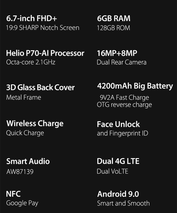 [HK Warehouse] Ulefone T2, Global Dual 4G, 6GB+128GB, Dual Back Cameras, Face ID & Fingerprint Identification, 4200mAh Battery, 6.7 inch Android 9.0 MTK6771T Helio P70 Octa Core 64-bit up to 2.1GHz, Network: 4G, OTG, NFC, Dual SIM, Wireless Charging