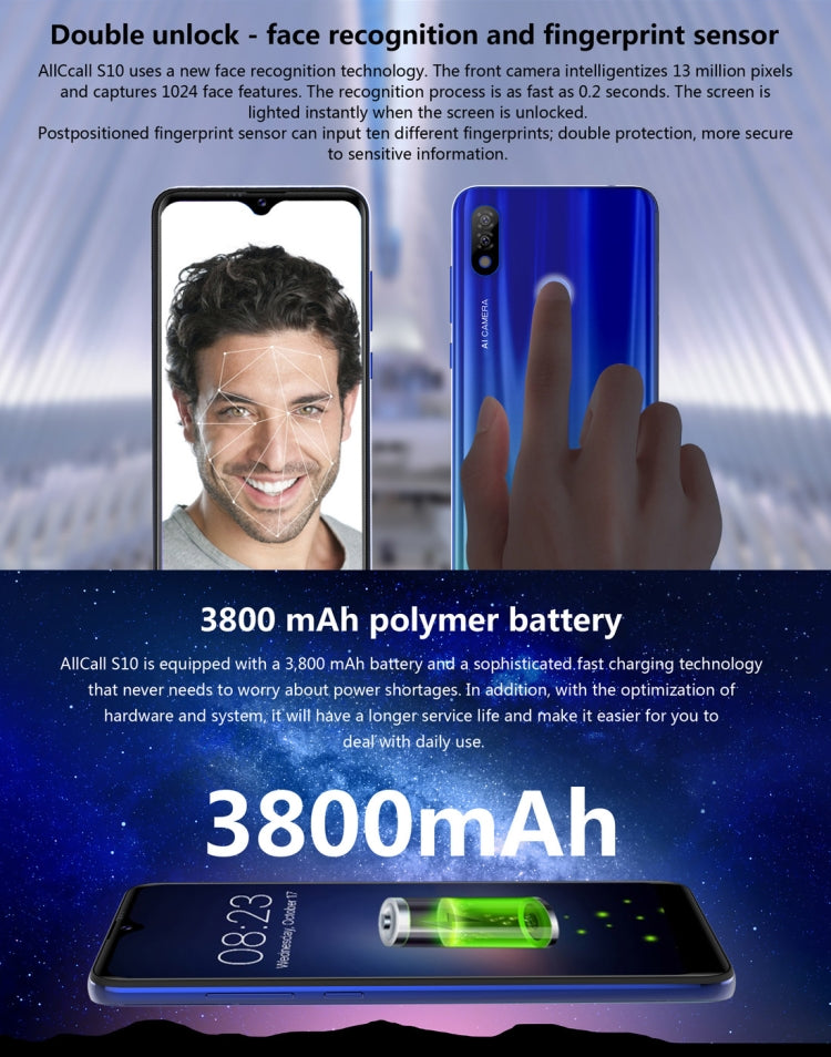 AllCall S10, 4GB+64GB, Dual Back Cameras, Fingerprint & Face Identification, 6.22 inch Android 9.0 MTK6763 Helio P23 Octa Core up to 2.0GHz, Network: 4G, OTG, Dual SIM