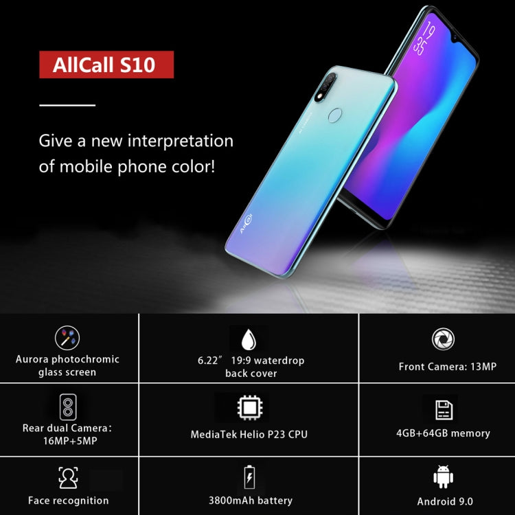 AllCall S10, 4GB+64GB, Dual Back Cameras, Fingerprint & Face Identification, 6.22 inch Android 9.0 MTK6763 Helio P23 Octa Core up to 2.0GHz, Network: 4G, OTG, Dual SIM