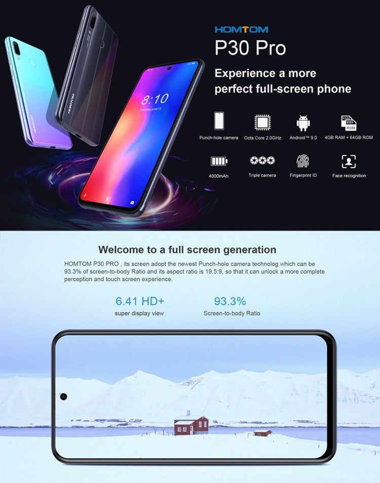 [HK Warehouse] HOMTOM P30 Pro, 4GB+64GB, Triple Back Cameras, Face ID & Fingerprint Identification, 6.41 inch Android 9.0 Helio P23 MTK6763 Octa Core up to 2.0GHz, Network: 4G, OTG, OTA, Dual SIM