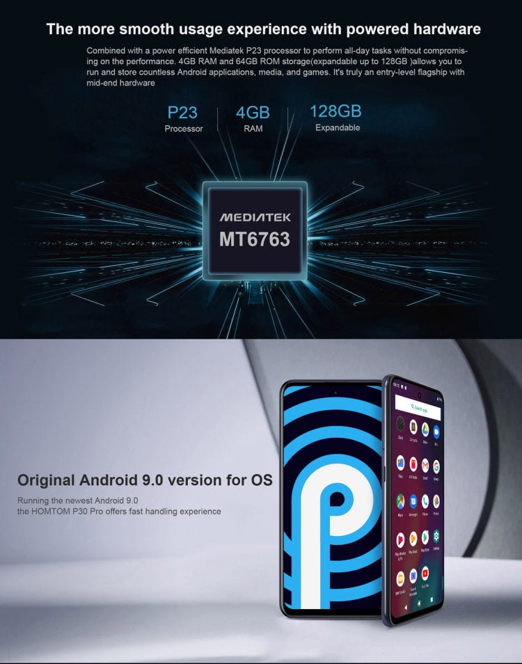 [HK Warehouse] HOMTOM P30 Pro, 4GB+64GB, Triple Back Cameras, Face ID & Fingerprint Identification, 6.41 inch Android 9.0 Helio P23 MTK6763 Octa Core up to 2.0GHz, Network: 4G, OTG, OTA, Dual SIM