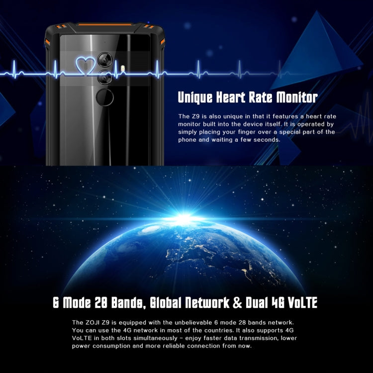 [HK Warehouse] HOMTOM ZOJI Z9 Triple Proofing Phone, Dual 4G, 6GB+64GB, IP68 Waterproof Dustproof Shockproof, Heart Rate, 5500mAh Battery, Face ID & Fingerprint Unlock, 5.7 inch Android 8.1 MTK6763 Octa Core up to 2.0GHz, Network: 4G, OTG, Dual SIM, VoLTE