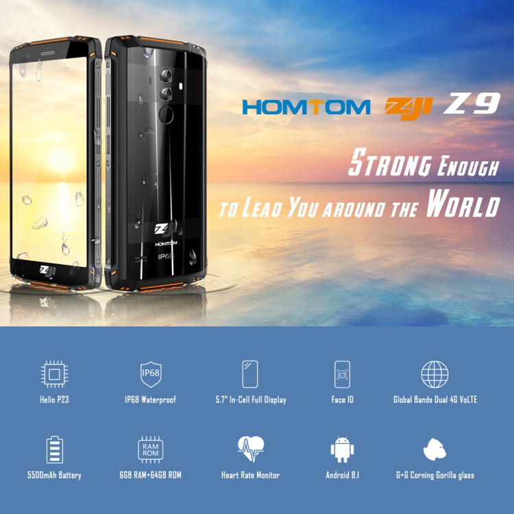 [HK Warehouse] HOMTOM ZOJI Z9 Triple Proofing Phone, Dual 4G, 6GB+64GB, IP68 Waterproof Dustproof Shockproof, Heart Rate, 5500mAh Battery, Face ID & Fingerprint Unlock, 5.7 inch Android 8.1 MTK6763 Octa Core up to 2.0GHz, Network: 4G, OTG, Dual SIM, VoLTE