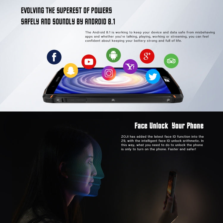 [HK Warehouse] HOMTOM ZOJI Z9 Triple Proofing Phone, Dual 4G, 6GB+64GB, IP68 Waterproof Dustproof Shockproof, Heart Rate, 5500mAh Battery, Face ID & Fingerprint Unlock, 5.7 inch Android 8.1 MTK6763 Octa Core up to 2.0GHz, Network: 4G, OTG, Dual SIM, VoLTE