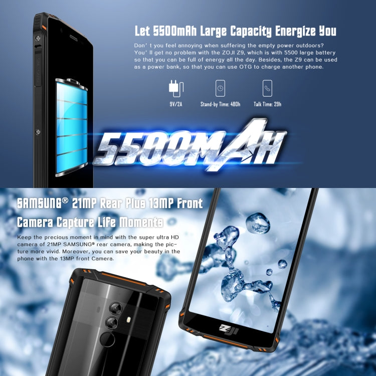 [HK Warehouse] HOMTOM ZOJI Z9 Triple Proofing Phone, Dual 4G, 6GB+64GB, IP68 Waterproof Dustproof Shockproof, Heart Rate, 5500mAh Battery, Face ID & Fingerprint Unlock, 5.7 inch Android 8.1 MTK6763 Octa Core up to 2.0GHz, Network: 4G, OTG, Dual SIM, VoLTE