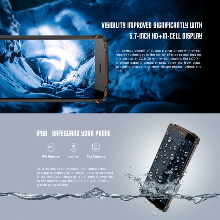 [HK Warehouse] HOMTOM ZOJI Z9 Triple Proofing Phone, Dual 4G, 6GB+64GB, IP68 Waterproof Dustproof Shockproof, Heart Rate, 5500mAh Battery, Face ID & Fingerprint Unlock, 5.7 inch Android 8.1 MTK6763 Octa Core up to 2.0GHz, Network: 4G, OTG, Dual SIM, VoLTE