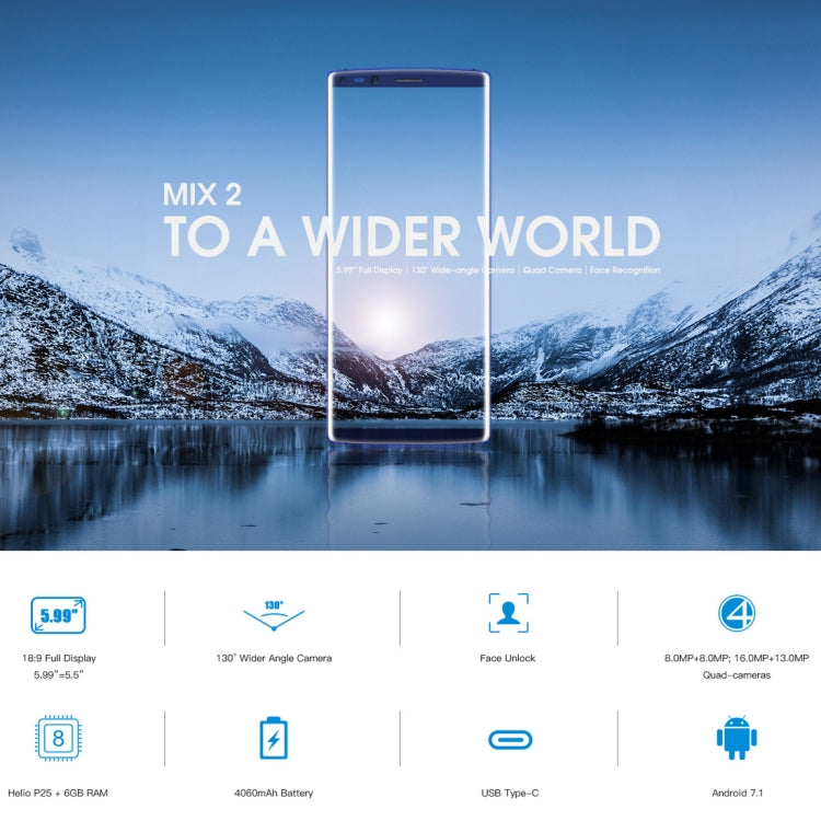 [HK Warehouse] DOOGEE MIX 2, 6GB+128GB, Dual Back Cameras + Dual Front Cameras, Fingerprint Identification, 4060mAh Battery, 5.99 inch Android 7.1 Helio P25 Octa Core 1.64GHz + 2.5GHz, Network: 4G, OTA, Dual SIM (Gold)
