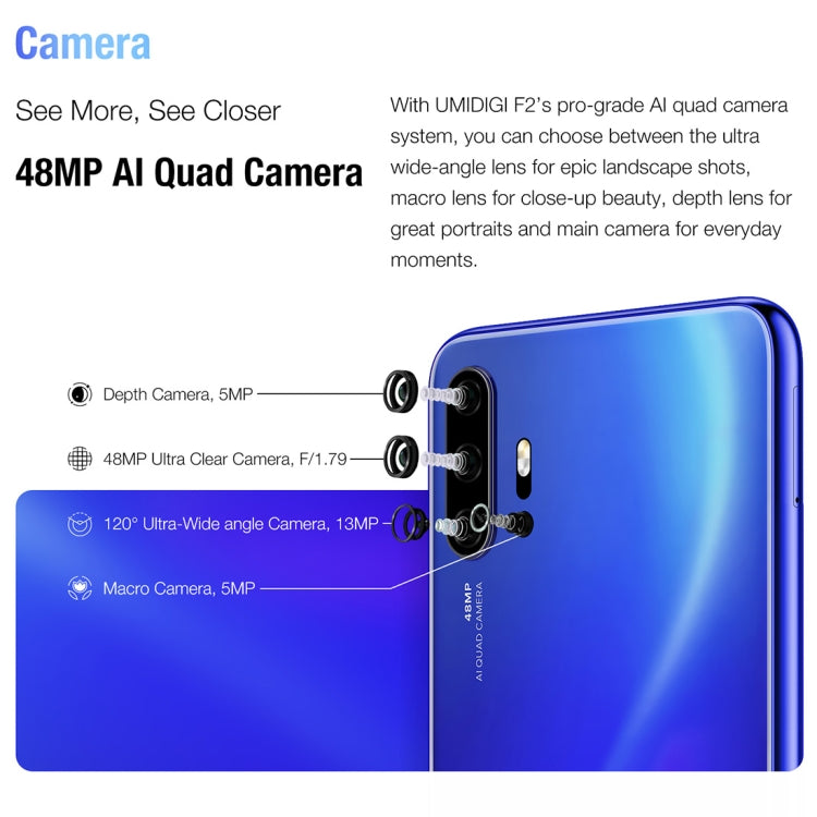 [HK Warehouse] UMIDIGI F2, 6GB+128GB, 48MP AI Quad Cameras, 5150mAh Battery, Face ID & Fingerprint Identification, 6.53 inch FullView Screen Android 10 MTK Helio P70 Octa Core up to 2.1GHz, Network: 4G, OTG, NFC, Dual SIM, FM