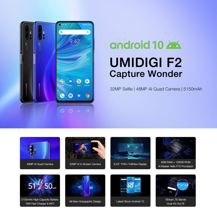[HK Warehouse] UMIDIGI F2, 6GB+128GB, 48MP AI Quad Cameras, 5150mAh Battery, Face ID & Fingerprint Identification, 6.53 inch FullView Screen Android 10 MTK Helio P70 Octa Core up to 2.1GHz, Network: 4G, OTG, NFC, Dual SIM, FM