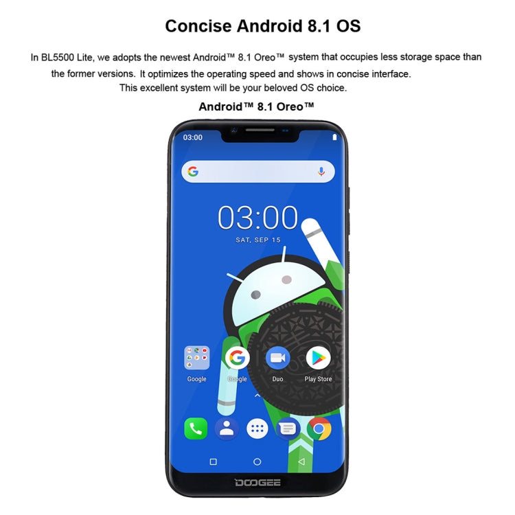 [HK Warehouse] DOOGEE BL5500 Lite, 2GB+16GB, Dual Back Cameras, DTouch Fingerprint, 5500mAh Battery, 6.19 inch U-notch Android 8.1 MTK6739WA Quad Core up to 1.3GHz, Network: 4G,  OTA, Dual SIM(Blue)