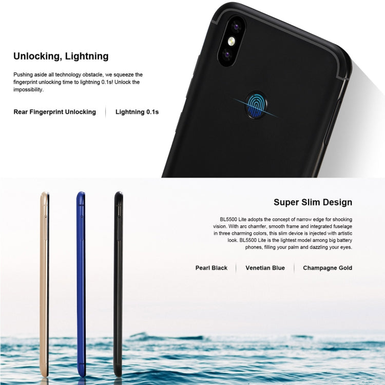 [HK Warehouse] DOOGEE BL5500 Lite, 2GB+16GB, Dual Back Cameras, DTouch Fingerprint, 5500mAh Battery, 6.19 inch U-notch Android 8.1 MTK6739WA Quad Core up to 1.3GHz, Network: 4G,  OTA, Dual SIM(Blue)