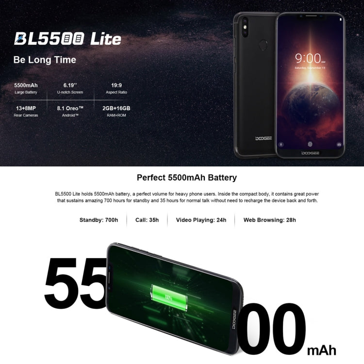 [HK Warehouse] DOOGEE BL5500 Lite, 2GB+16GB, Dual Back Cameras, DTouch Fingerprint, 5500mAh Battery, 6.19 inch U-notch Android 8.1 MTK6739WA Quad Core up to 1.3GHz, Network: 4G,  OTA, Dual SIM(Blue)