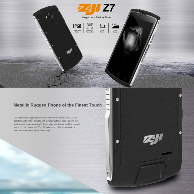 [HK Warehouse] ZOJI Z7 Triple Proofing Phone, 2GB+16GB, IP68 Waterproof Dustproof Shockproof, Fingerprint Unlock, 5.0 inch 2.5D Android 6.0 MTK6737 Quad Core up to 1.3GHz, Network: 4G, OTA, GPS, BT, WiFi, FM, Dual SIM(Black)