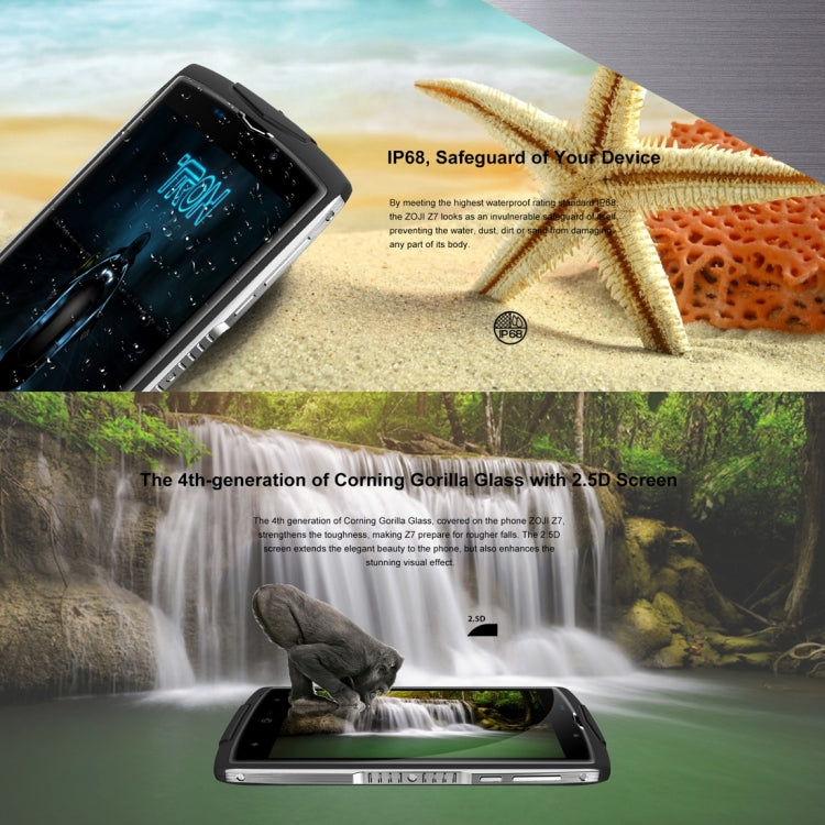 [HK Warehouse] ZOJI Z7 Triple Proofing Phone, 2GB+16GB, IP68 Waterproof Dustproof Shockproof, Fingerprint Unlock, 5.0 inch 2.5D Android 6.0 MTK6737 Quad Core up to 1.3GHz, Network: 4G, OTA, GPS, BT, WiFi, FM, Dual SIM(Black)