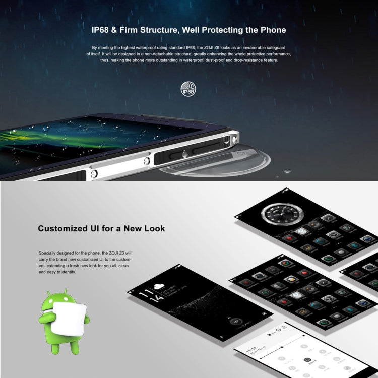 [HK Warehouse] ZOJI Z6 Triple Proofing Phone, 1GB+8GB, IP68 Waterproof Dustproof Shockproof, Fingerprint Unlock, 4.7 inch Android 6.0 MTK6580 Quad Core up to 1.3GHz, Network: 3G, OTA, GPS, BT, WiFi, FM, Dual SIM(Black)