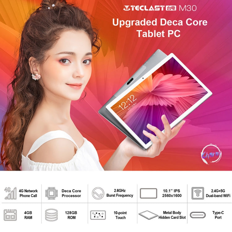 Teclast M30 4G Calling Tablet, 10.1 inch, 4GB+128GB, 7500mAh Battery, Android 8.0 MT6797T(X27) Deca Core 2.6GHz, Support Bluetooth & Dual Band WiFi & TF Card & OTG & GPS(Grey)