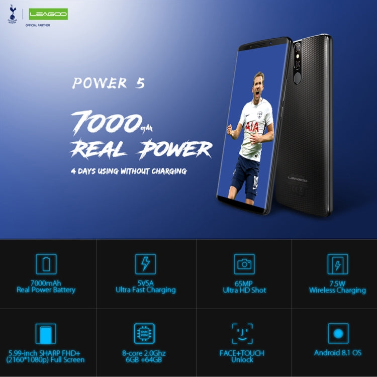 [HK Warehouse] LEAGOO POWER 5, Dual 4G, 6GB+64GB, Dual Back Cameras, 7000mAh Battery, Face ID & Fingerprint Identification, 5.99 inch Android 8.1 MTK6763 Octa Core up to  2.0GHz, Network: 4G, Dual SIM, Wireless Charge(Black)