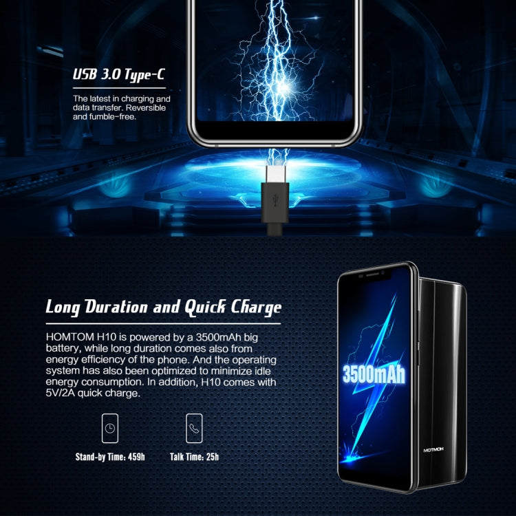 [HK Warehouse] HOMTOM H10, Dual 4G, 4GB+64GB, Dual Back Cameras, Face ID & Side-Mounted Fingerprint Identification, 5.85 inch Android 8.1 MTK6750T Octa Core up to 1.5GHz, Network: 4G, Dual SIM, OTG, OTA(Black)