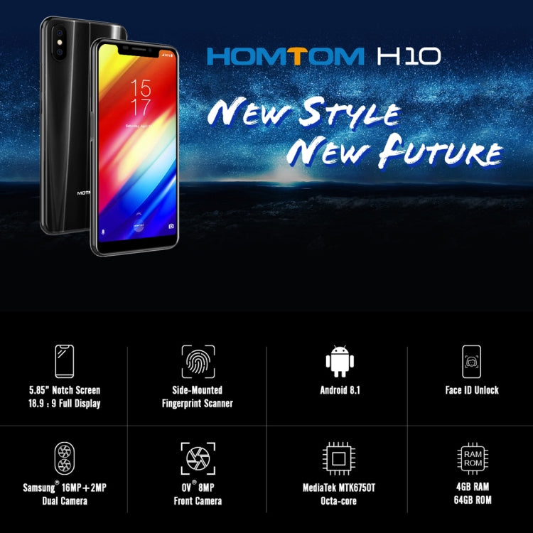 [HK Warehouse] HOMTOM H10, Dual 4G, 4GB+64GB, Dual Back Cameras, Face ID & Side-Mounted Fingerprint Identification, 5.85 inch Android 8.1 MTK6750T Octa Core up to 1.5GHz, Network: 4G, Dual SIM, OTG, OTA(Black)