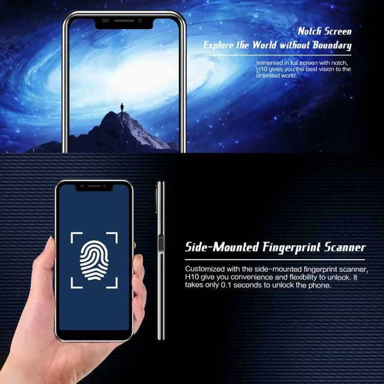 [HK Warehouse] HOMTOM H10, Dual 4G, 4GB+64GB, Dual Back Cameras, Face ID & Side-Mounted Fingerprint Identification, 5.85 inch Android 8.1 MTK6750T Octa Core up to 1.5GHz, Network: 4G, Dual SIM, OTG, OTA(Black)