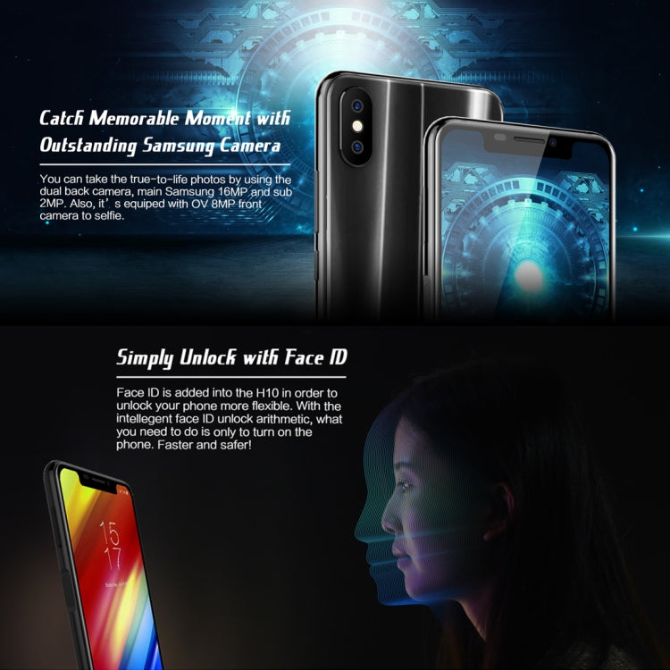 [HK Warehouse] HOMTOM H10, Dual 4G, 4GB+64GB, Dual Back Cameras, Face ID & Side-Mounted Fingerprint Identification, 5.85 inch Android 8.1 MTK6750T Octa Core up to 1.5GHz, Network: 4G, Dual SIM, OTG, OTA(Black)