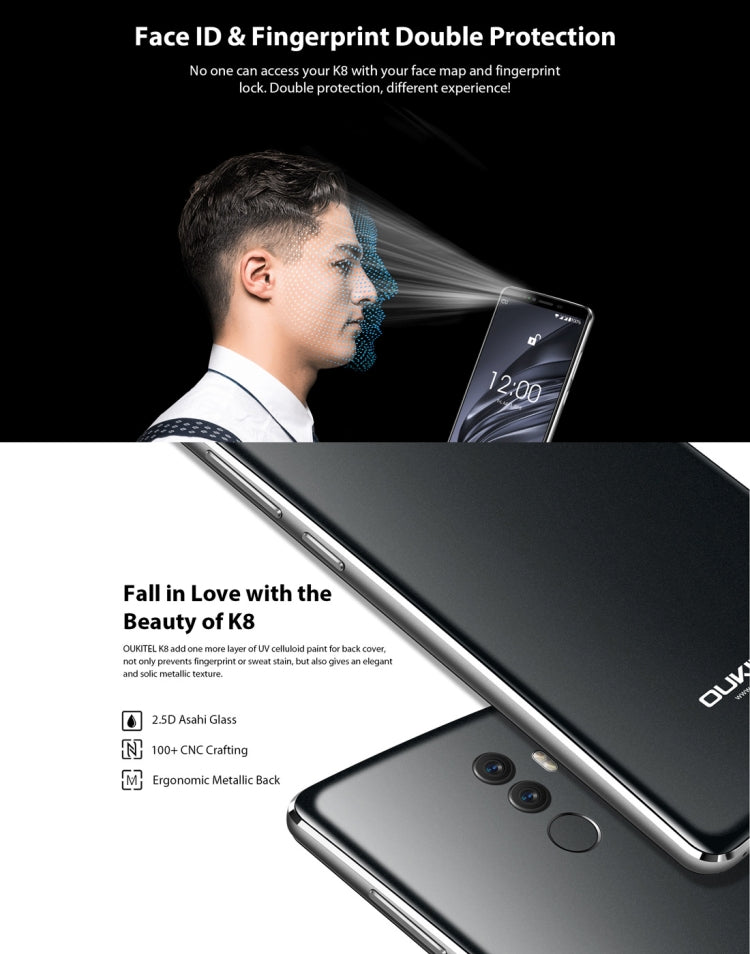 [HK Warehouse] OUKITEL K8, 4GB+64GB, Dual Back Cameras, Face ID & Fingerprint Identification, 5000mAh Battery, 6.0 inch Android 8.0 MTK6750T Octa Core up to 1.5GHz, Network: 4G, OTG (Space Gray)