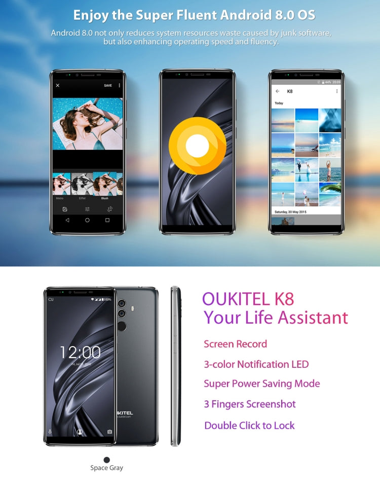 [HK Warehouse] OUKITEL K8, 4GB+64GB, Dual Back Cameras, Face ID & Fingerprint Identification, 5000mAh Battery, 6.0 inch Android 8.0 MTK6750T Octa Core up to 1.5GHz, Network: 4G, OTG (Space Gray)